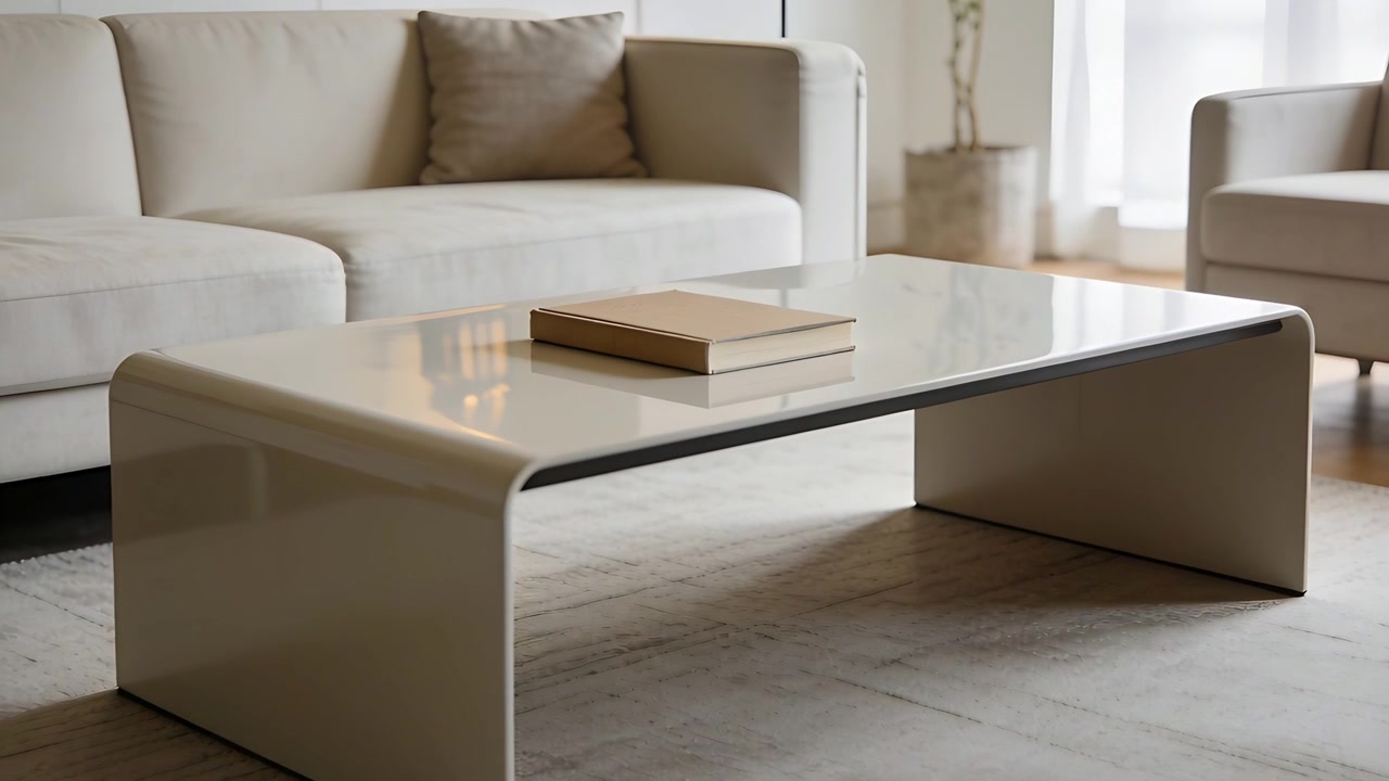 Moving camera approaching low glossy coffee table in living room, tightening on closed book