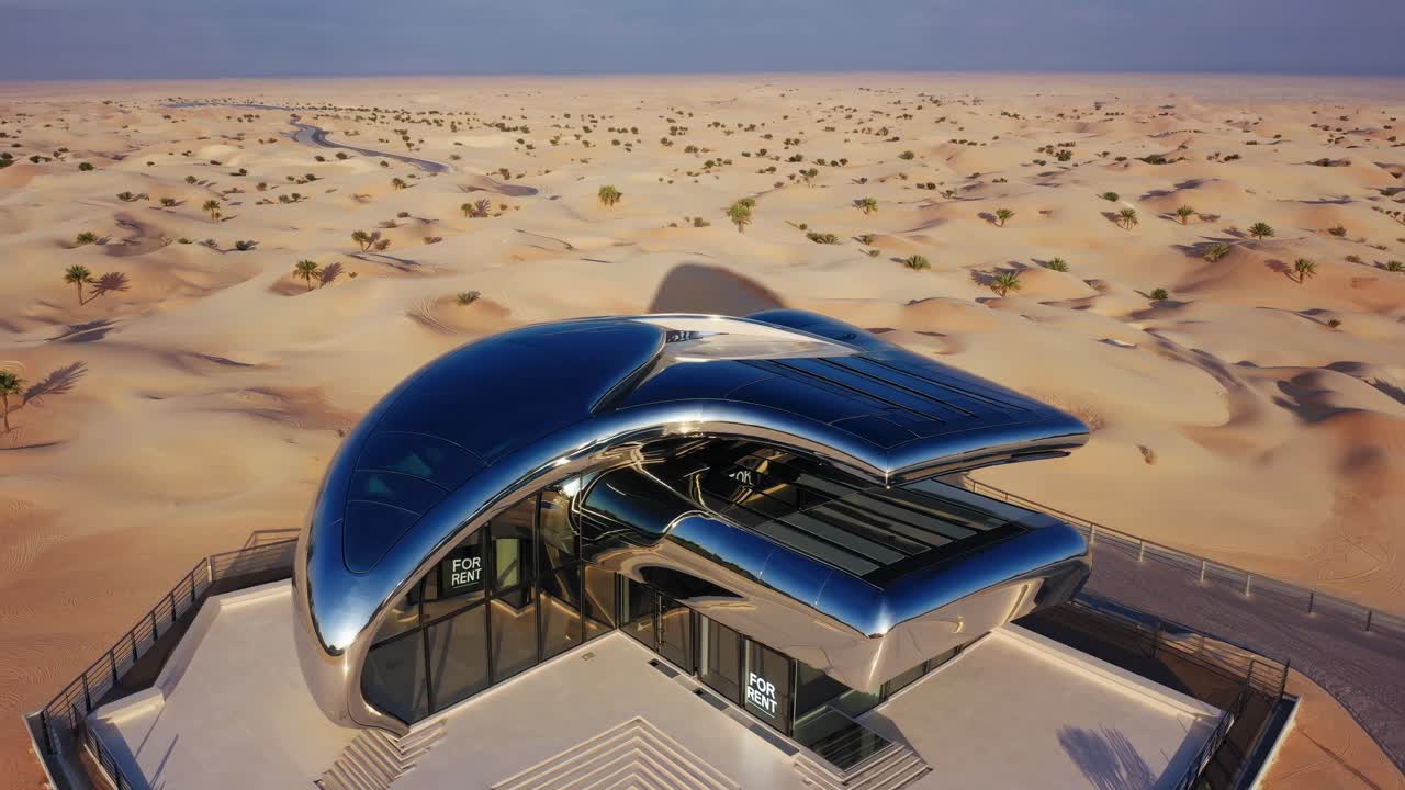 Modern, metallic, futuristic building with curved and reflective surfaces stands in vast desert landscape, showcasing innovative architecture and blending seamlessly with surrounding environment