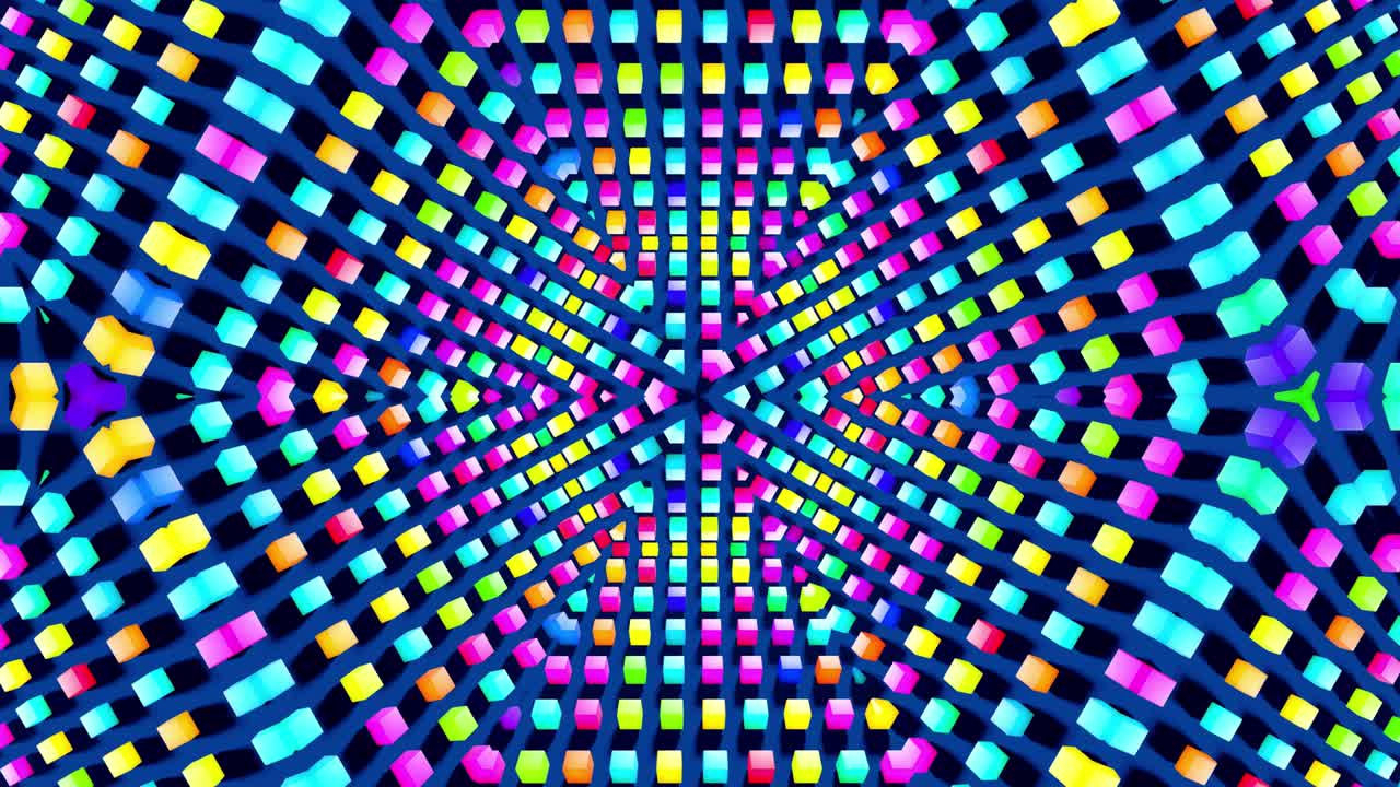 4k sfondo a anello astratto con strutture simmetriche come caleidoscopio con lampadine, luci al neon multicolori. anello vj per musica beat, spettacoli festivi o eventi festivi, festival o concerti