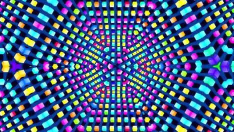 4k fondo en bucle abstracto con estructuras simétricas como caleidoscopio con bombillas de iluminación, luces de neón multicolores. bucle vj para música beat, espectáculo festivo o eventos de vacaciones, festivales o conciertos