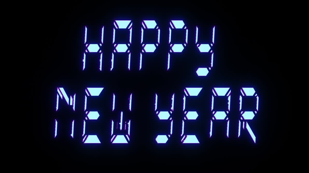 The inscription Happy New Year on a black background. Blue color. Digital font. 3d animation of a seamless loop