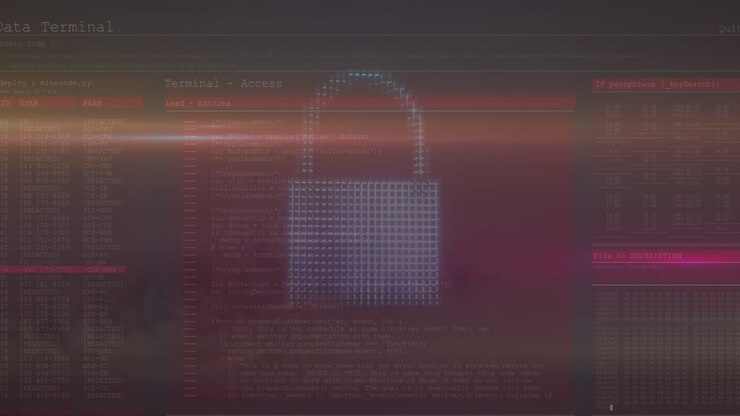 Animation of cloud, shield and padlock icons over data processing