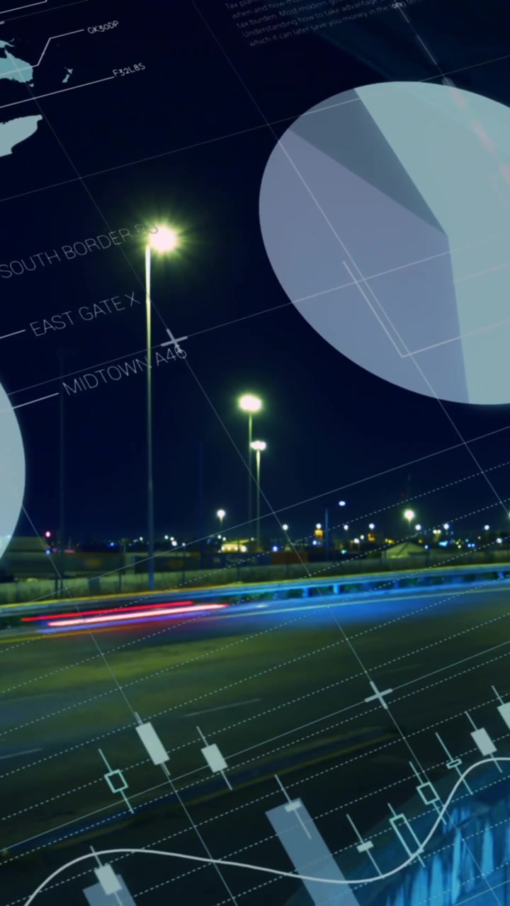Animation of statistical data processing against aerial view of city traffic at night