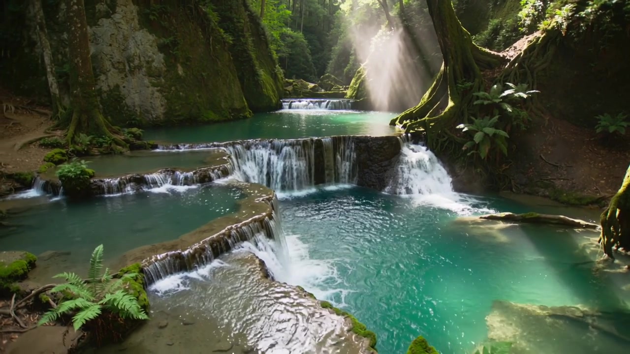 La telecamera inquadra pozze rocciose a terrazze, acqua che si riversa sui bordi in una gola forestale, con un raggio di sole che si sposta.