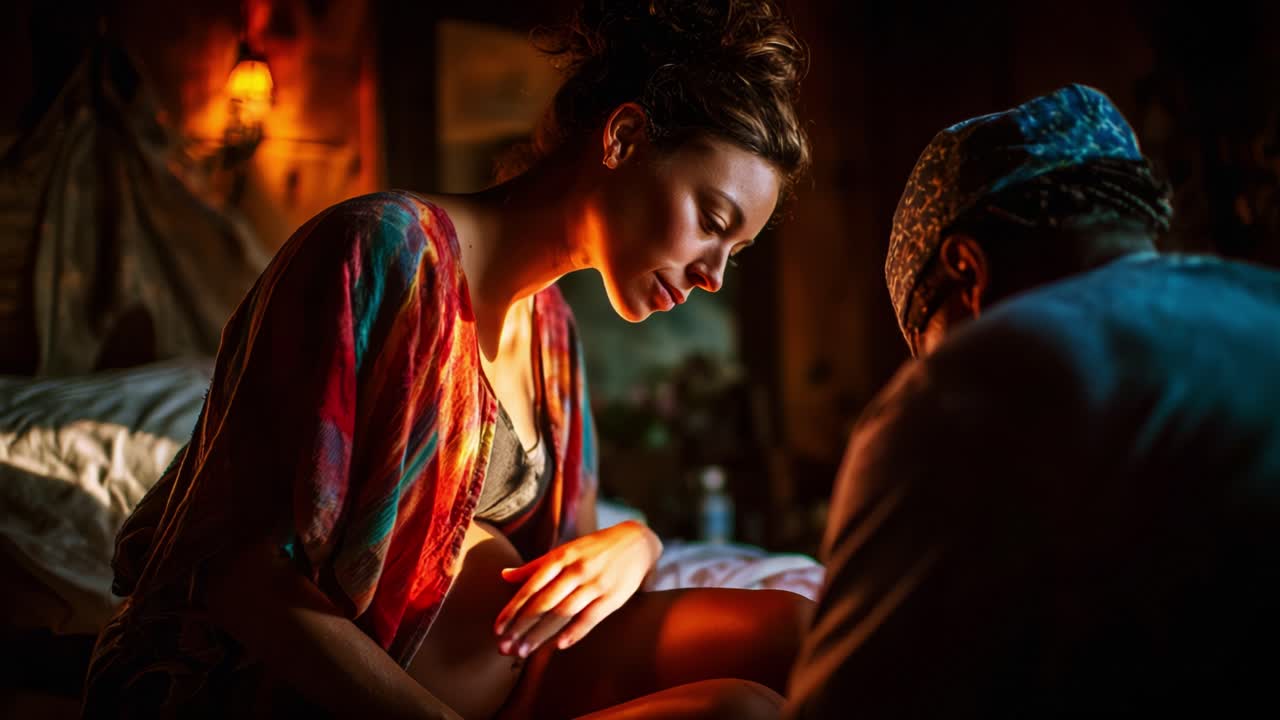 Et intimt øyeblikk av forventning: En gravid kvinne med et reflektert og omsorgsfullt blikk, fanget i et mykt lys, som forbereder seg på et nytt kapittel i livet med en støttende partner