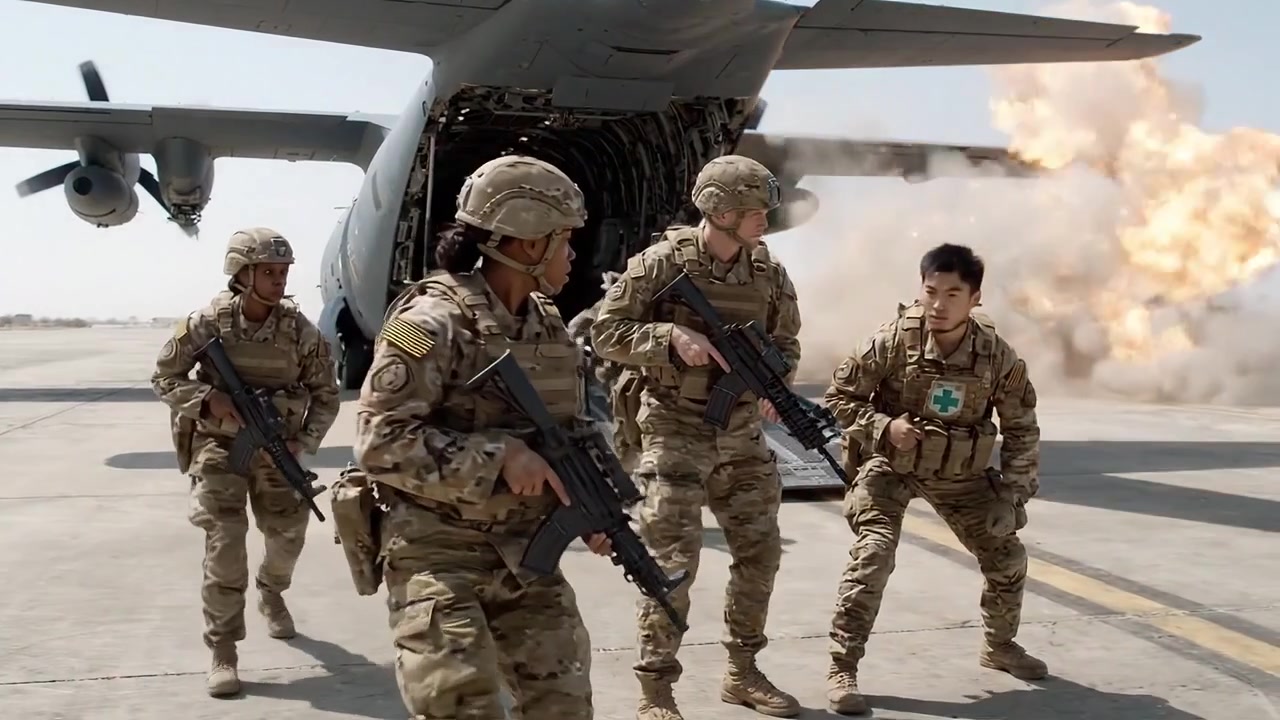 Schieramento di truppe: Soldati che scendono e salgono da un aereo da trasporto militare durante le operazioni, evidenziando movimenti tattici e coordinazione strategica