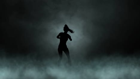 a modern youth dance performed by a graceful and sexy female silhouette, in the smoke against the backdrop of spotlights