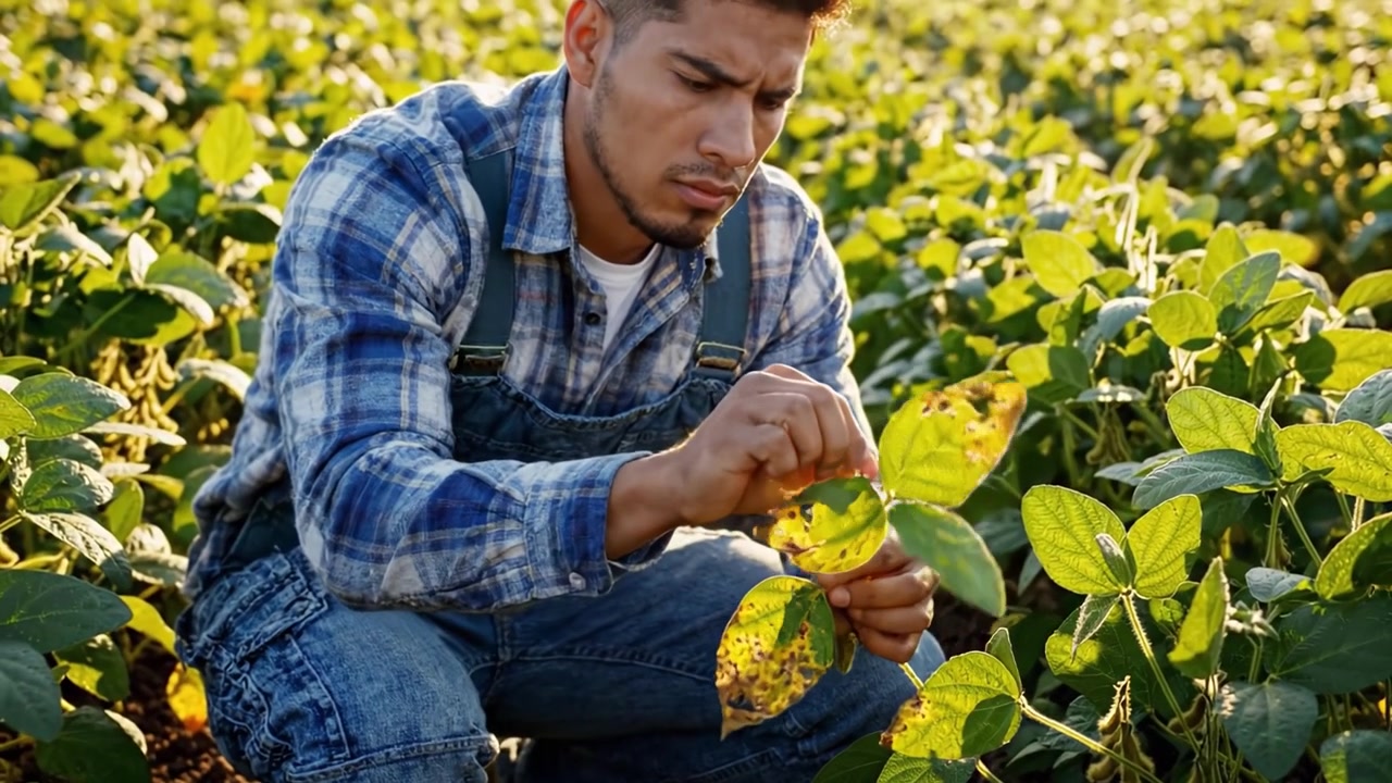 Agricultor Dedicado Examina el Crecimiento Saludable de Plantas en un Vibrante Campo Verde, Demostrando Atención Cuidadosa a la Agricultura y Compromiso con Prácticas Agrícolas Sostenibles