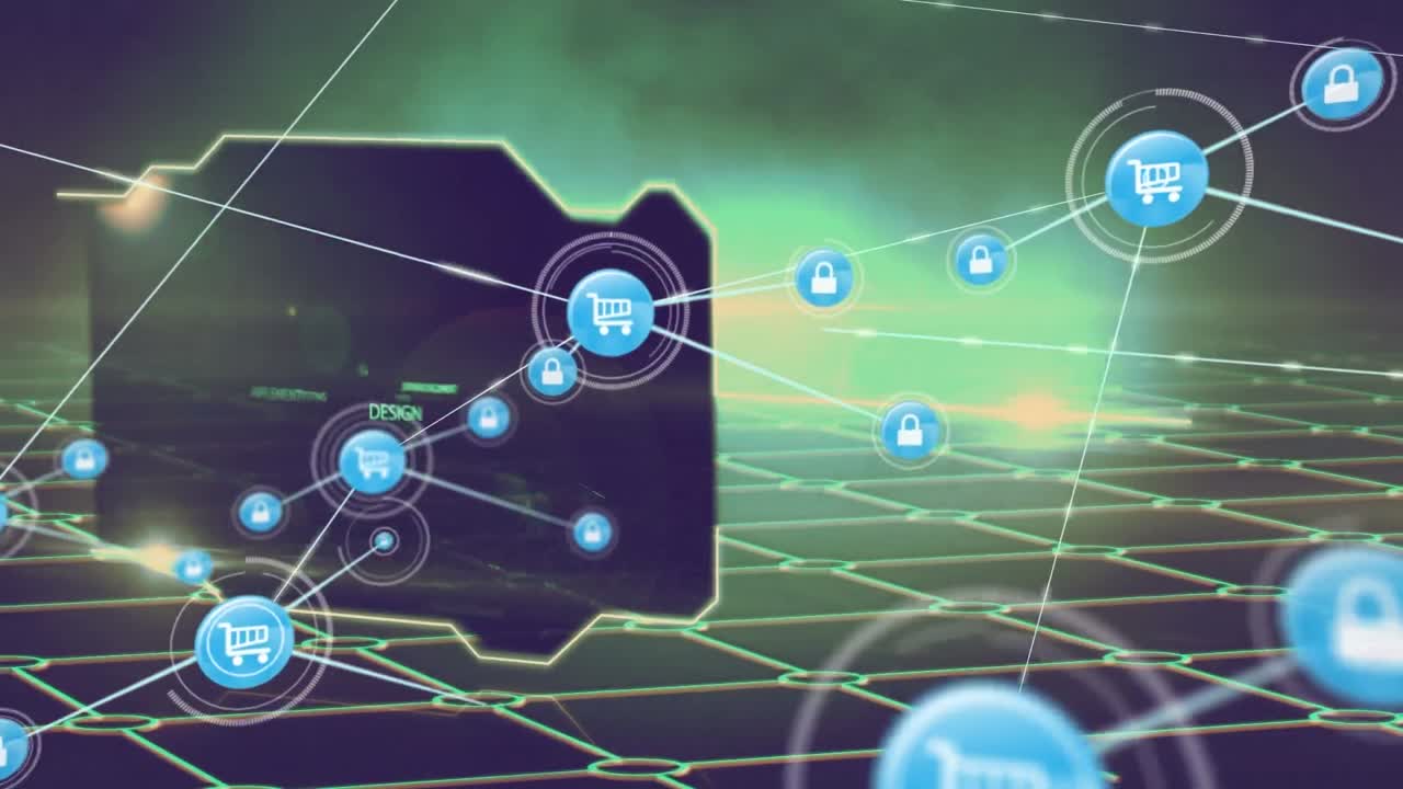 animación de carros, cerraduras que conectan puntos con lenguaje de programación en la interfaz de la cuadrícula con luz