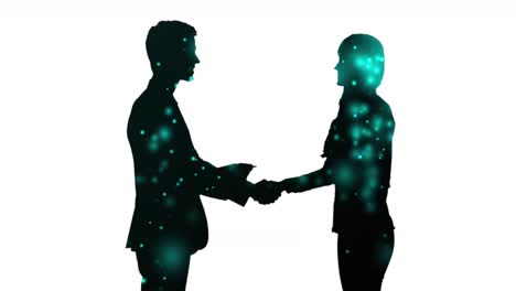 Animation-of-silhouette-of-businessman-and-businesswoman-shaking-hands-on-white-background