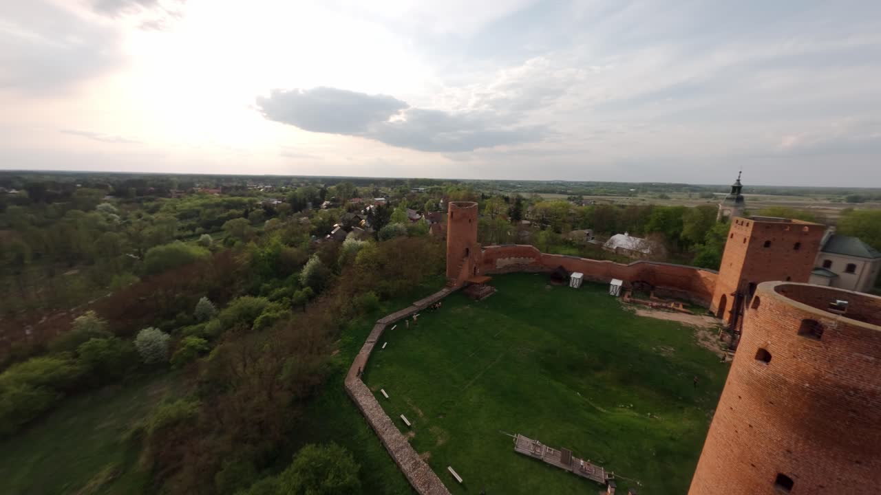 Czersk Castle aerial shot, gothic ruins and village backdrop