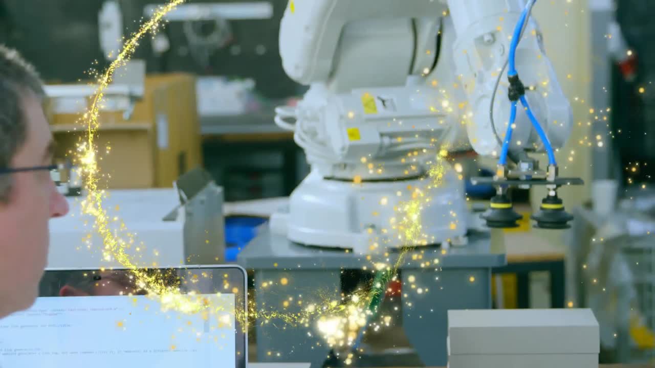 로 ⁇ 과 함께 남성 과학자 위에 떨어지는 별의 애니메이션