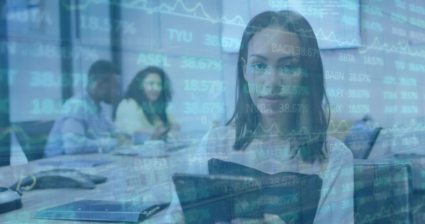 Animation of financial data processing over businesswoman in office