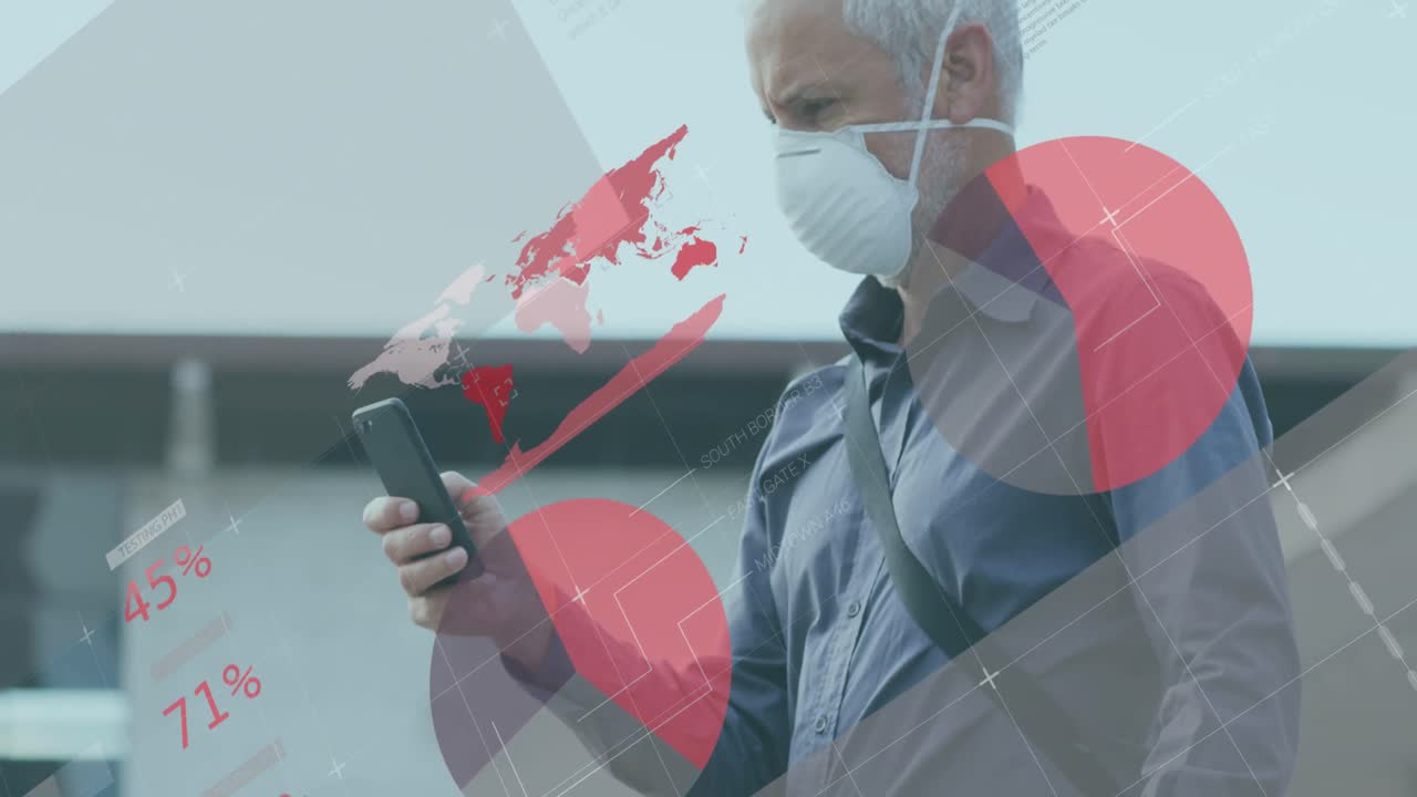 스마트폰을 사용하여 얼굴 마스크를 착용한 백인 남성에 대한 데이터 처리 애니메이션