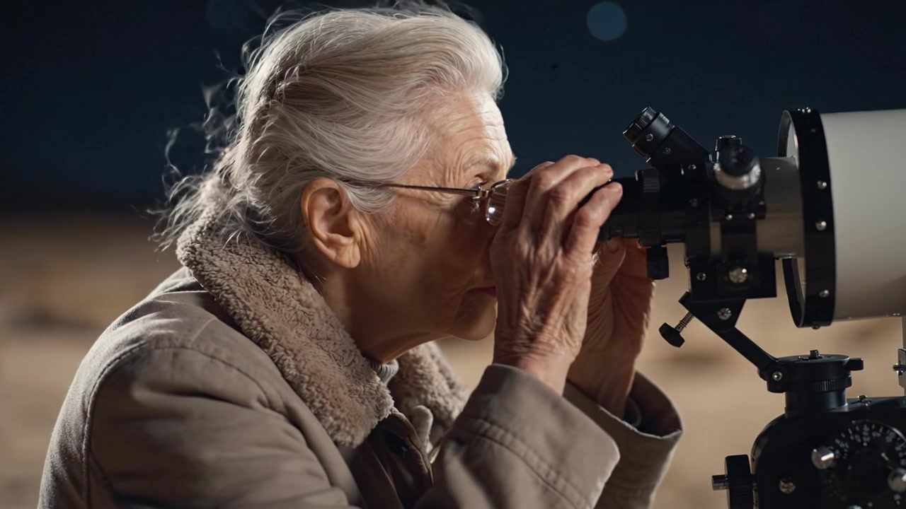 An elderly woman engages in stargazing as she contemplates the cosmos while reading a book beneath the stars, connecting knowledge and wonder in peaceful solitude.
