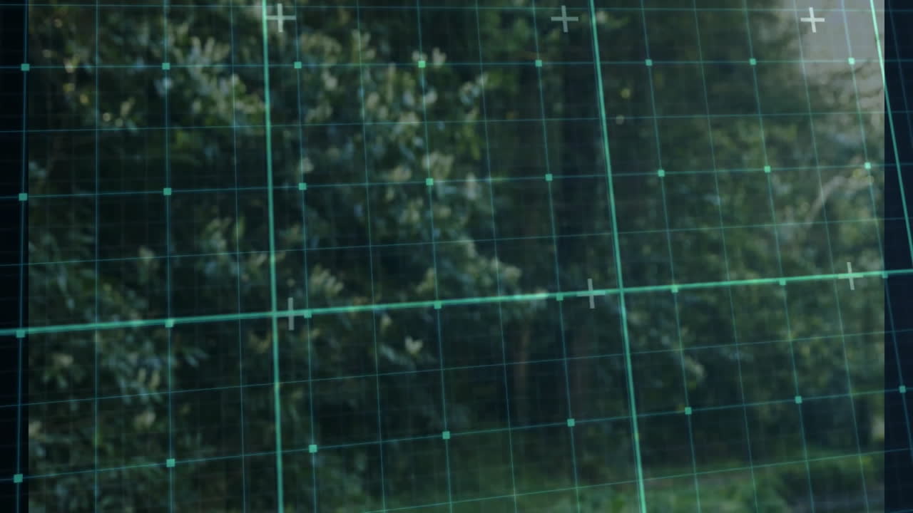 Grid overlay animating on blurred greenery background in outdoor setting