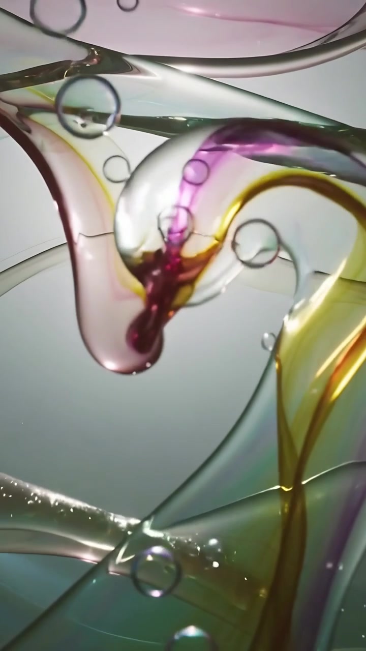Video verticale: Una striscia rosa che cade arricciando il nastro centrale in un display illuminato, creando una gocciolina e bolle.