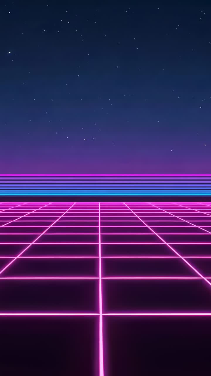 Vertical video: Loop starting magenta grid and neon horizon looping under starfield as 80s backdrop
