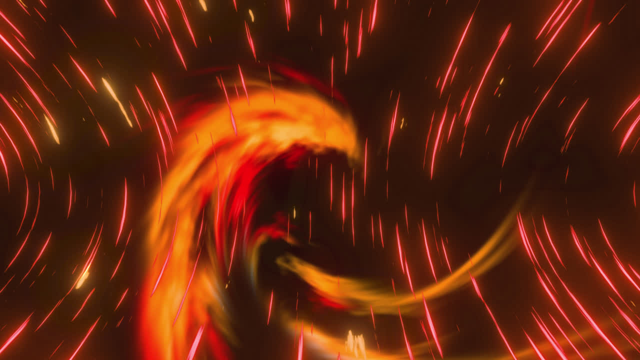 검은 바탕에 오렌지색과 빨간색의 불빛과 선의 애니메이션