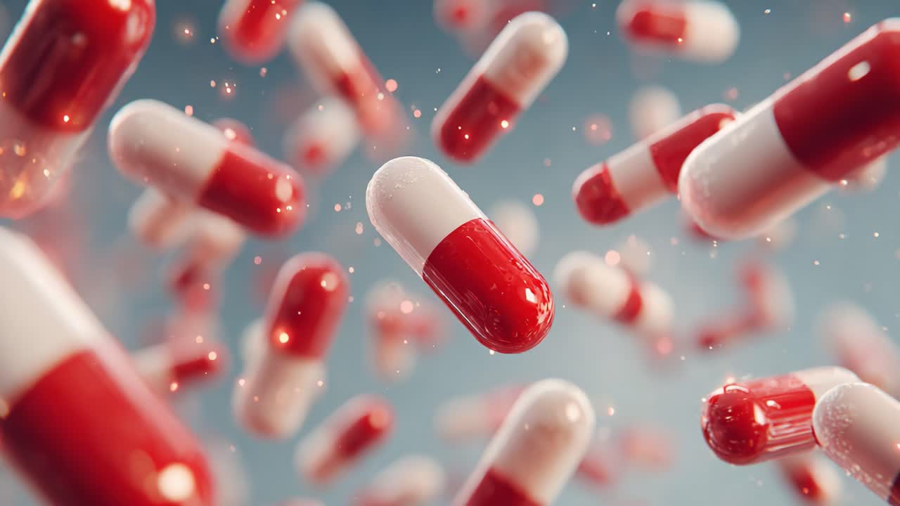 A Dynamic Visualization of Falling Red and White Capsules Capturing the Essence of Pharmaceutical Innovation and Drug Development in Motion