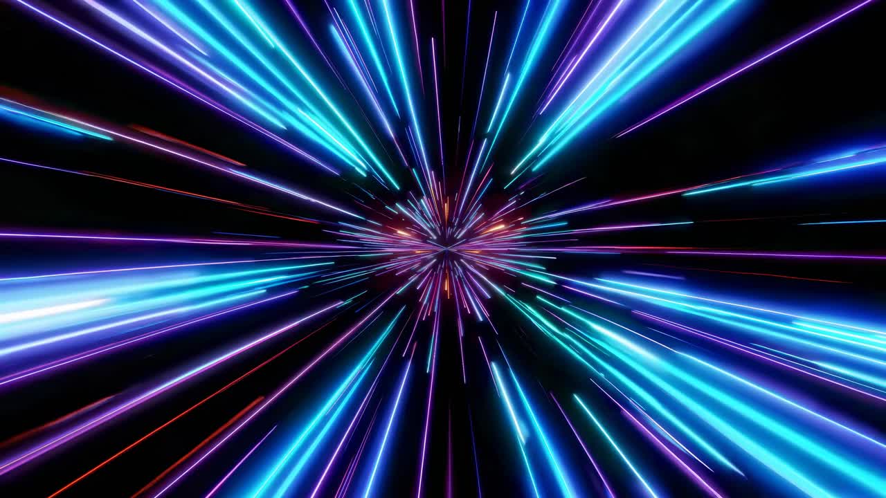 Video dinamico di striature di luce colorate che si irradiano da un punto centrale, creando un effetto tunnel
