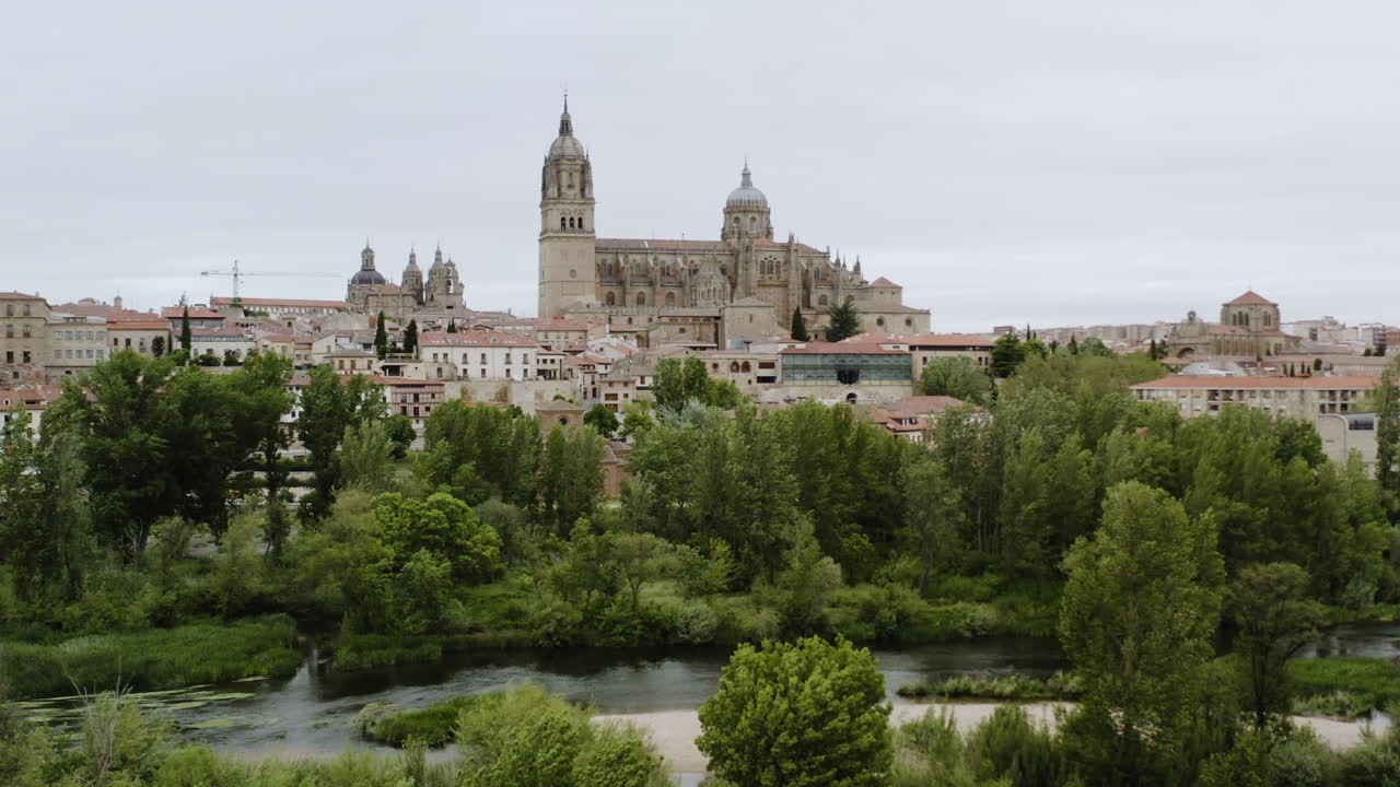 vista lejana de la catedral de salamanca desde el mirador del río tormes en salamanca, españa