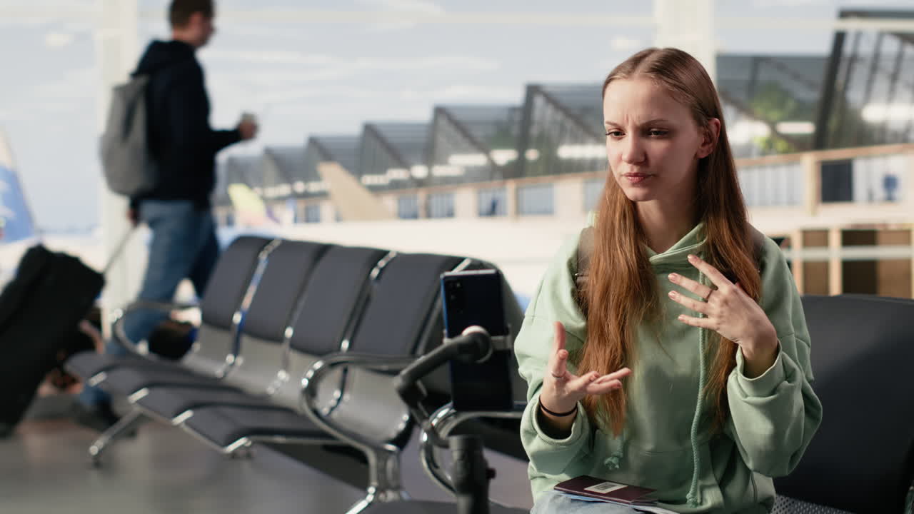 Giovane donna che fa vlogging con lo smartphone nella sala d'attesa dell'aeroporto