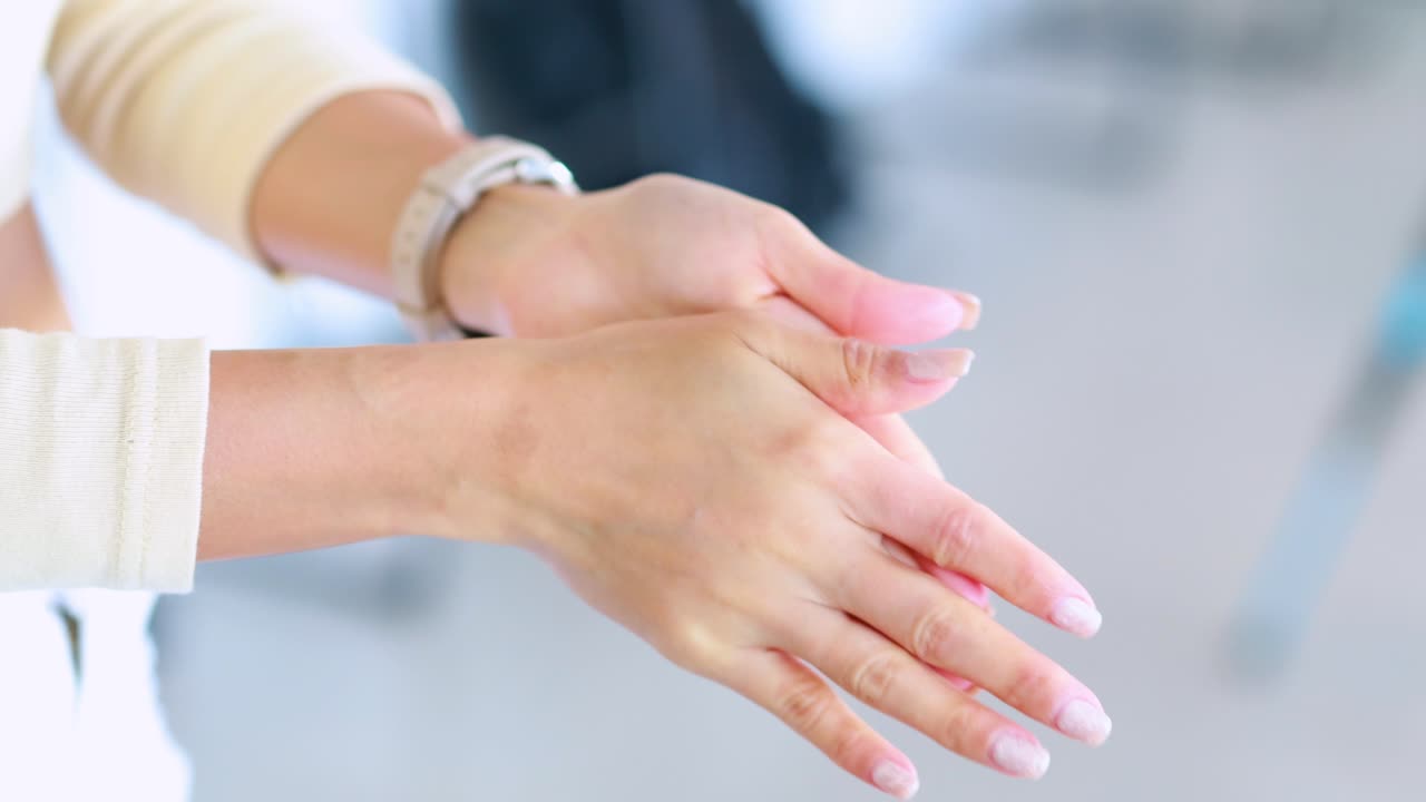 A person demonstrates a self-hand massage using gentle, circular motions in a well-lit, modern indoor setting with a soft, out-of-focus background
