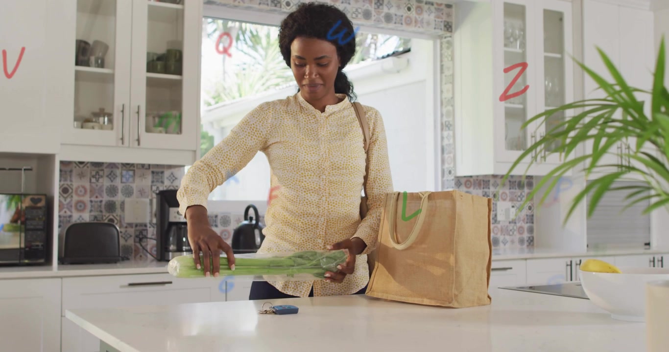 Woman entering kitchen with reusable tote, unpacking groceries for health with animated phone icon