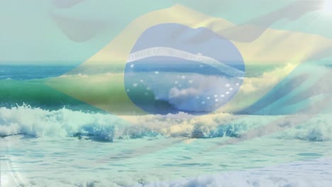 Digitale-Komposition-Der-Wehenden-Brasilianischen-Flagge-Vor-Der-Luftaufnahme-Der-Wellen-Im-Meer