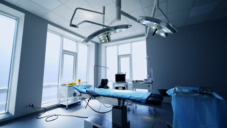 modern apparatuses prepared in the operational room. general view of the empty surgical theatre in present day clinics.