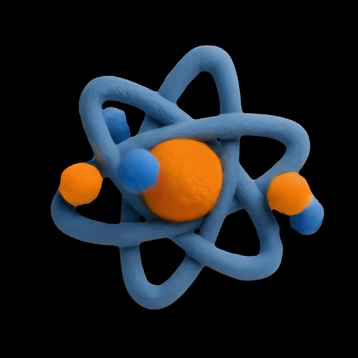 Animated Clay Atom Model with Blue Orbits and Orange Electrons