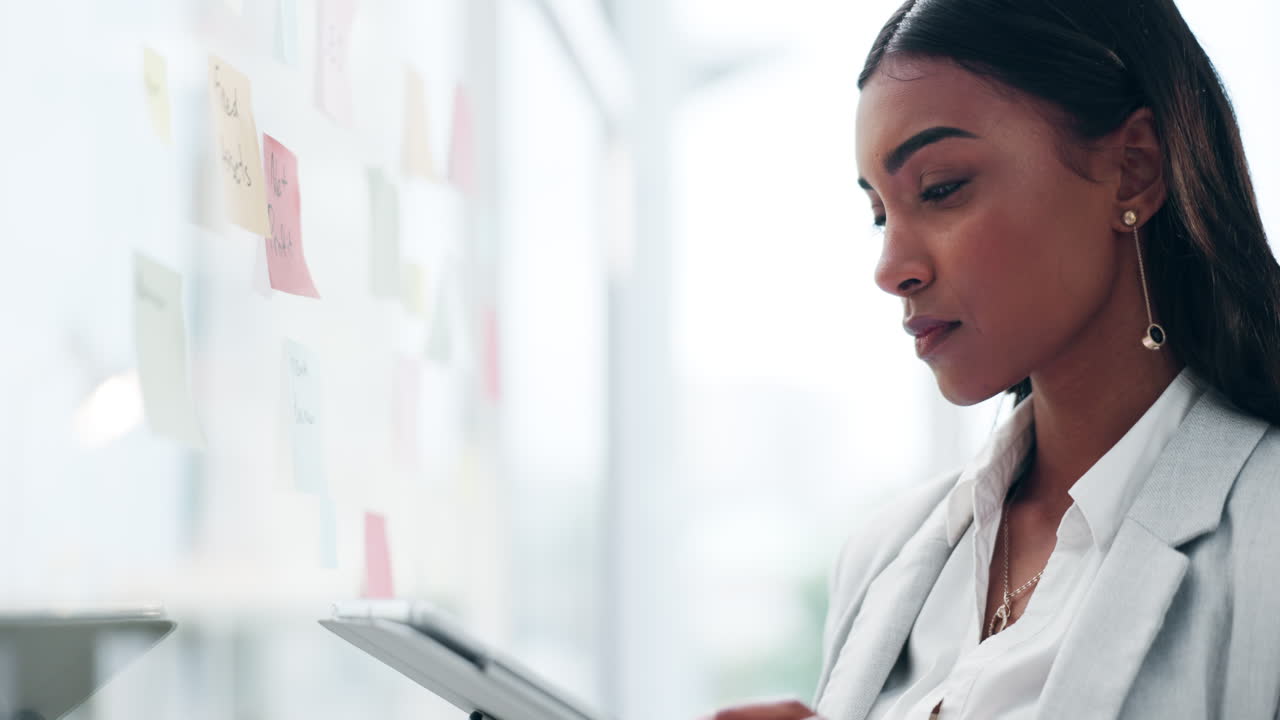 Planning, thinking and business woman with tablet
