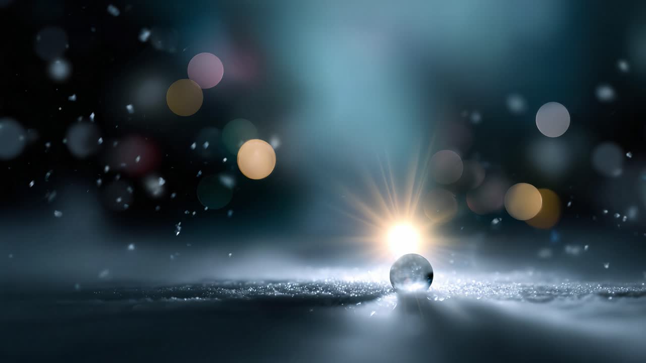 Una scena serena raffigurante una sfera luminosa, che riflette una luce soffusa, circondata da una delicata nevicata e sottili luci bokeh in un paesaggio invernale e onirico.