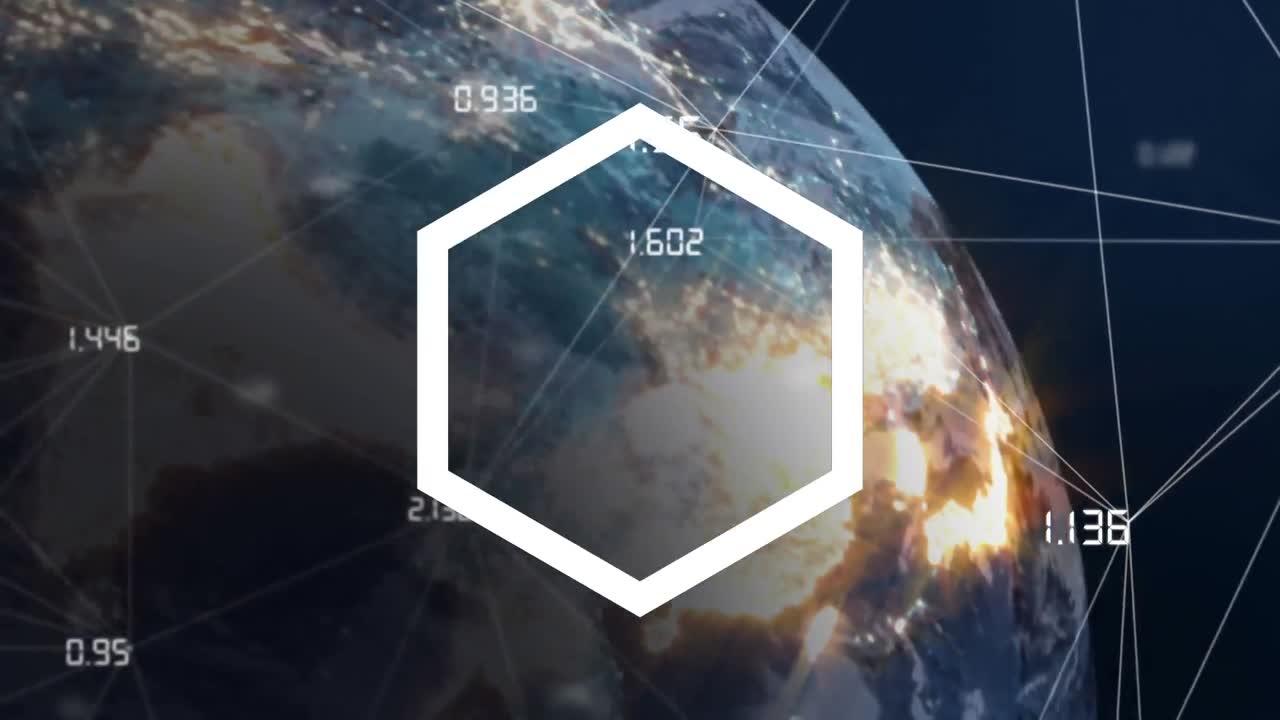 анимация шестиугольника над глобусом и числами сети соединений