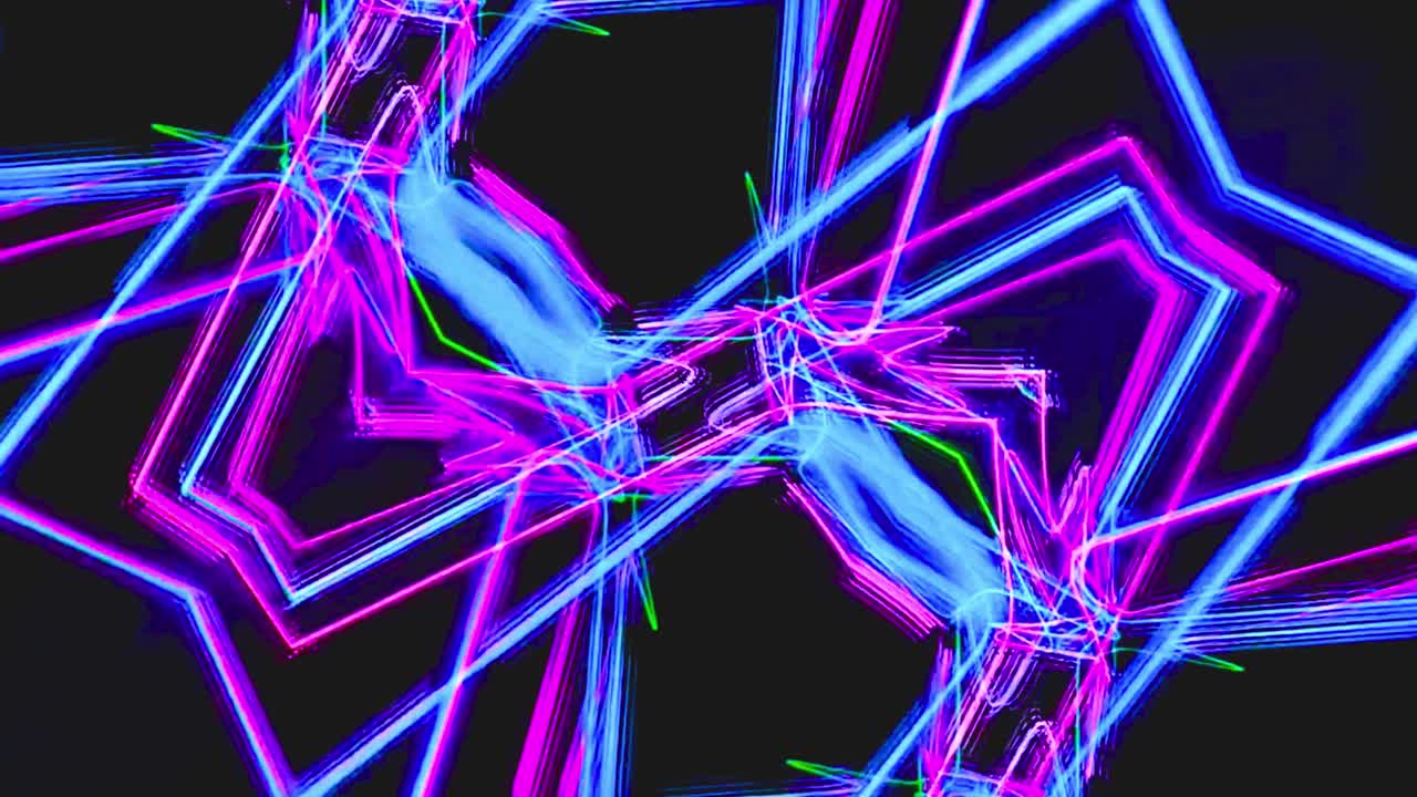 Pulzující neonové linie a tvary vytvářející dynamické abstraktní pozadí.