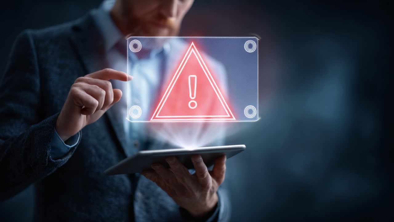 A business professional interacts with a digital warning alert on a tablet, emphasizing the importance of cybersecurity and the need for vigilance in the digital age
