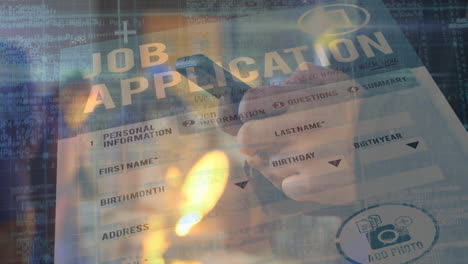 man holding lighter burning job application form with programming code overlay showing tech theme