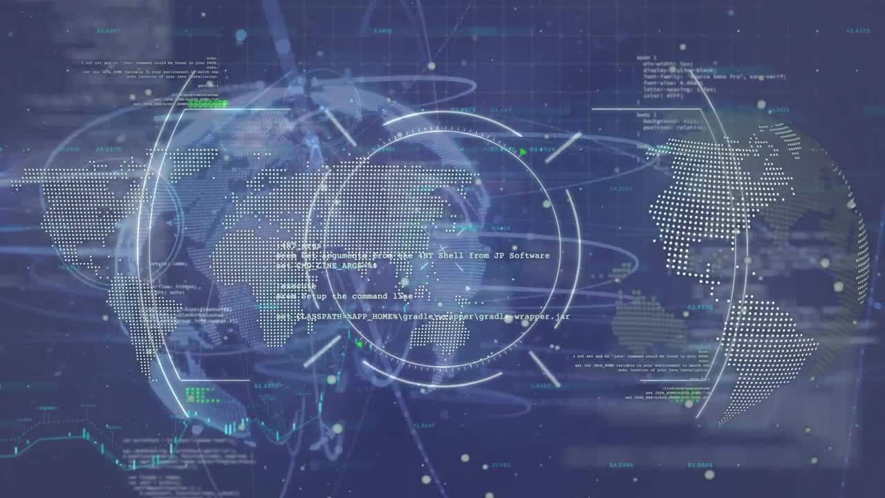 추상적인 배경에 있는 지구상에 대한 컴퓨터 언어에 대한 원의 애니메이션