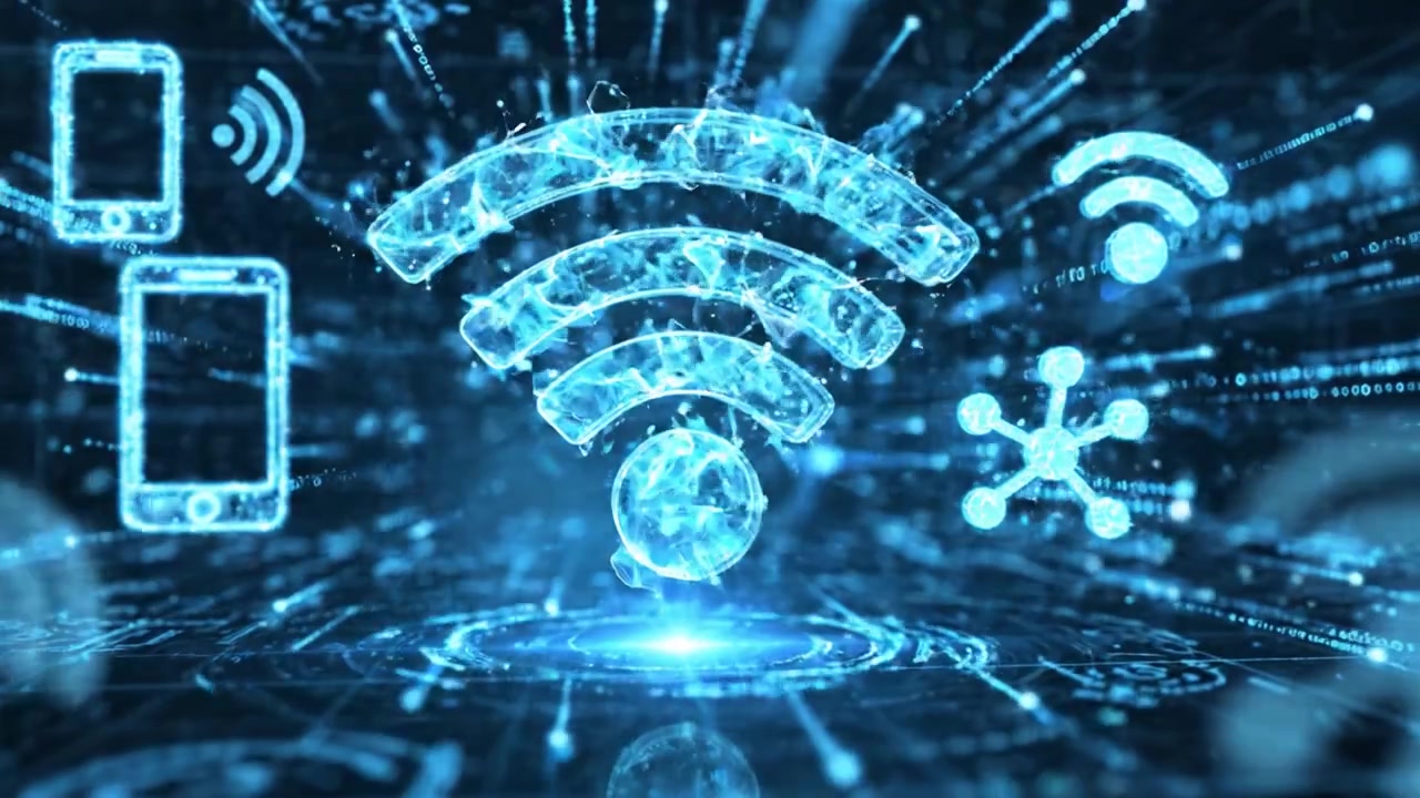 En fascinerende visualisering af digitale forbindelser og dataflow, der viser en futuristisk repræsentation af trådløse signaler midt i et gitter af binær kode og lysende partikler.