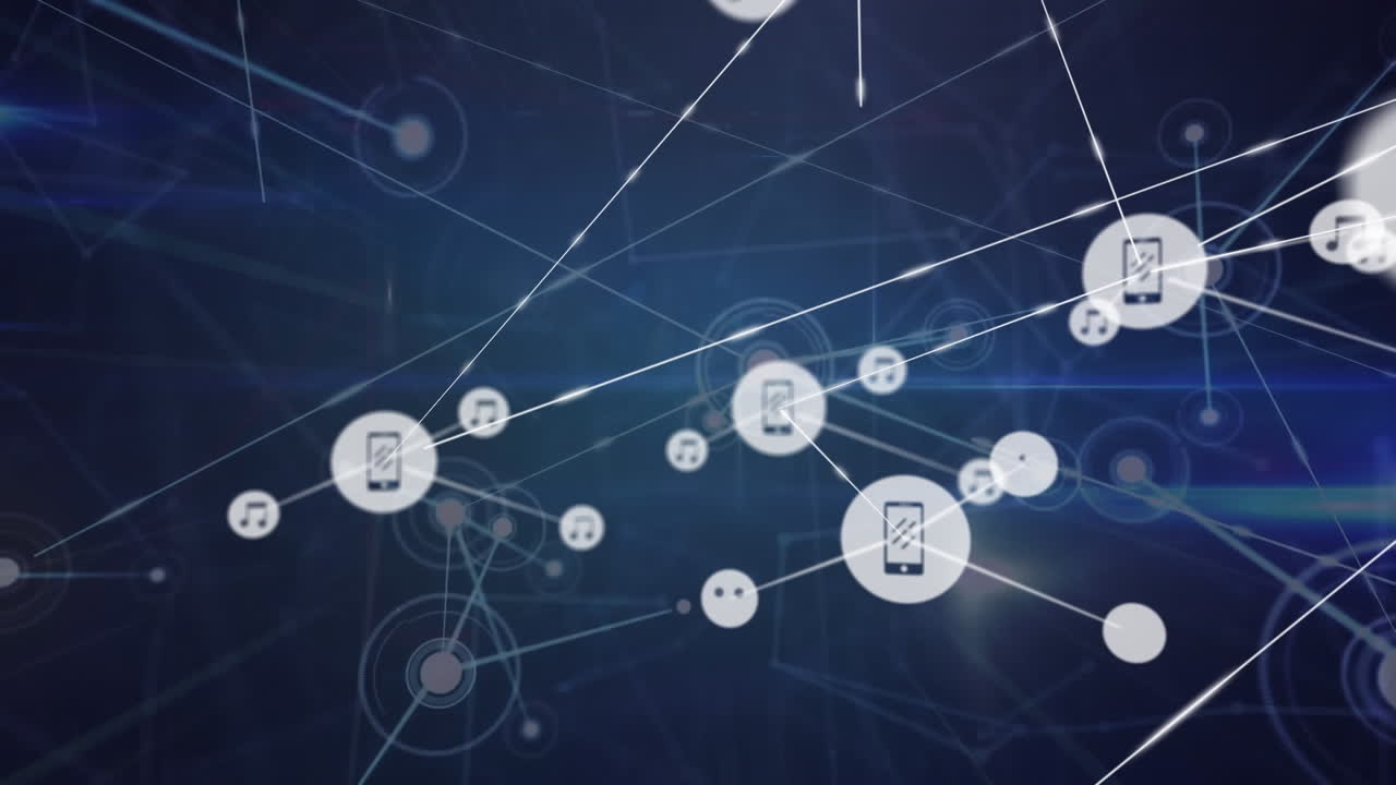 Animation of data and network of connections with icons over dark background