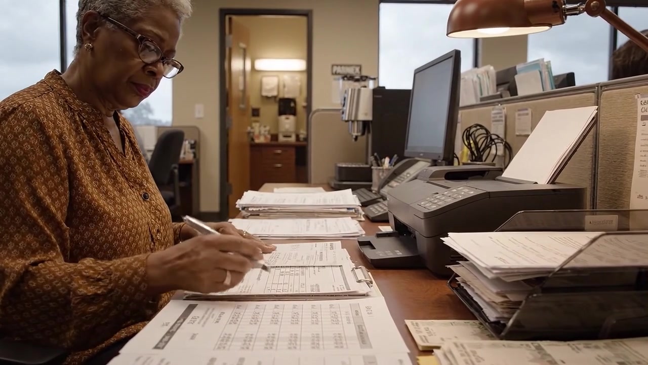 An Office Worker Organizing Documents at a Desk Surrounded by Papers and Files in a Professional Environment