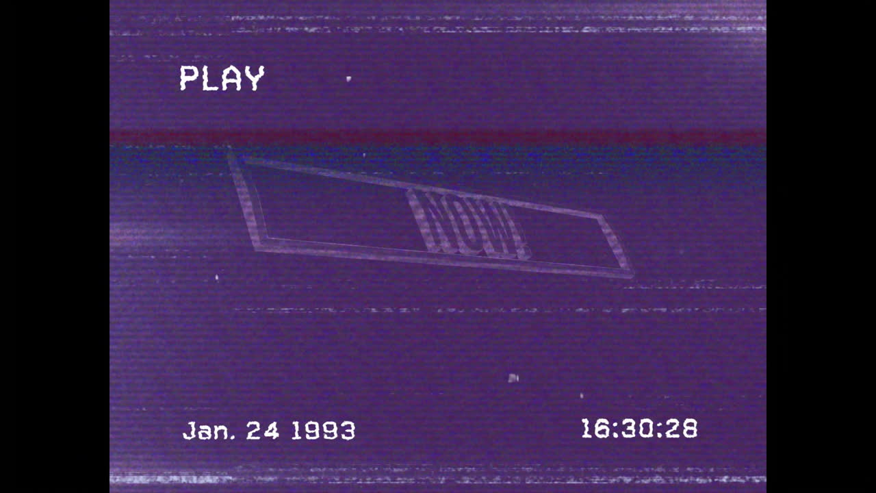 Animation with retro VHS tape effect, PLAY text, and date on purple background