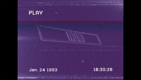 animation with retro vhs tape effect, play text, and date on purple background