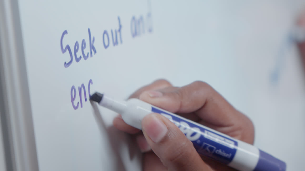 Handwritten notes being written with pen whiteboard during business planning task, seek out and engage