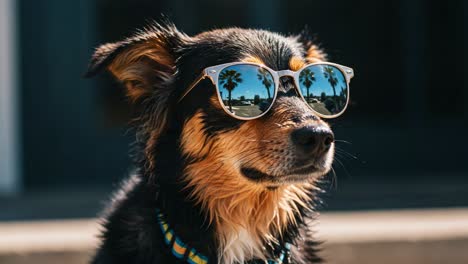 a cool dog sporting stylish sunglasses while enjoying a sunny day, capturing the reflection of beautiful palm trees in its shades