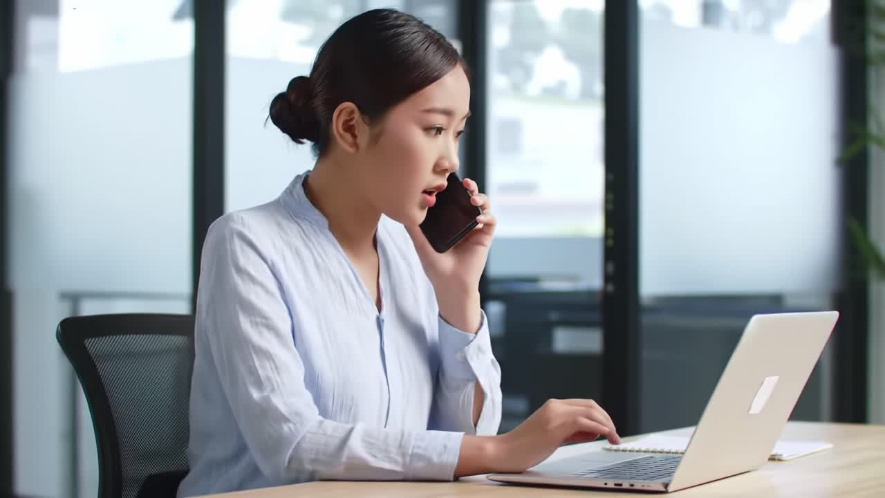 Professional Woman Engaged in Communication while Multitasking with Laptop in Modern Office Environment
