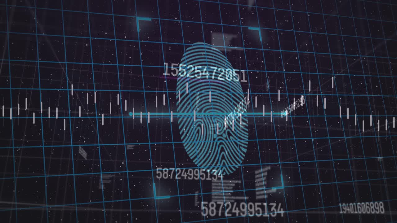 анимация обработки финансовых данных над отпечатком пальца на черном фоне