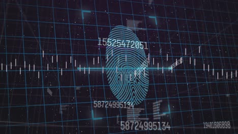 Animation-of-financial-data-processing-over-fingerprint-on-black-background