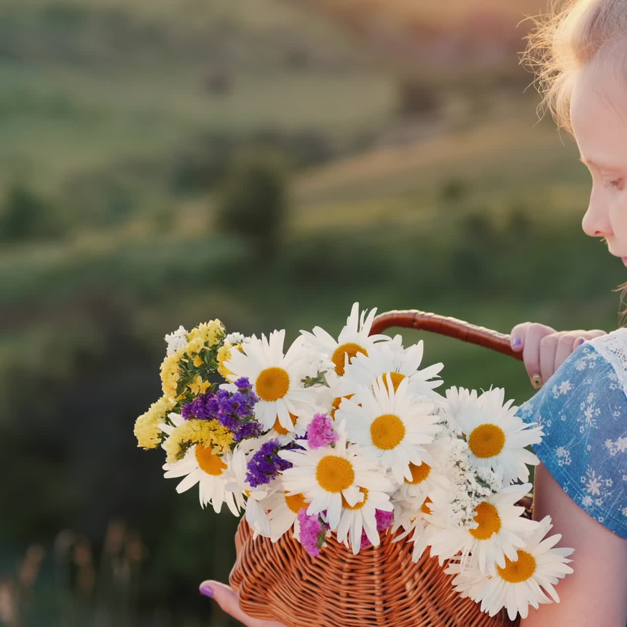 un niño sostiene una canasta de flores en prados y colinas verdes 1